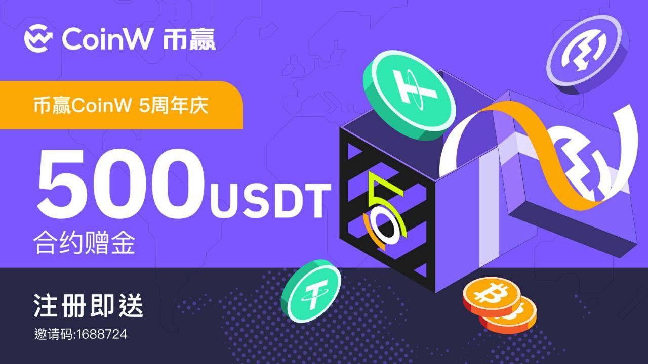 币赢CoinW 5周年庆推出福利活动，注册即领500USDT合约体验金！_aicoin_图1