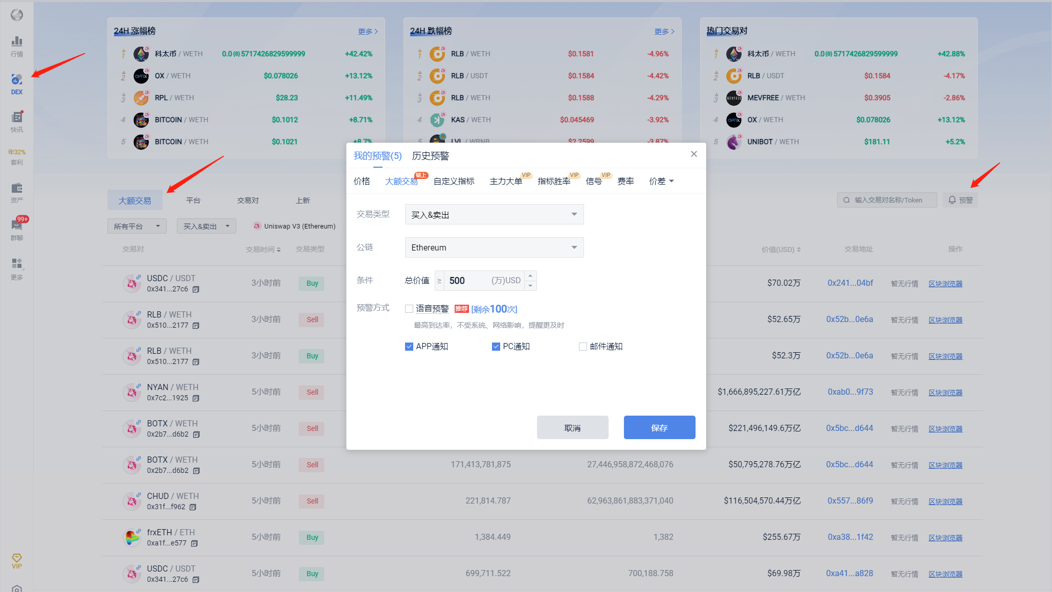 追踪链上热币与链上K线、预警使用指南_aicoin_图5