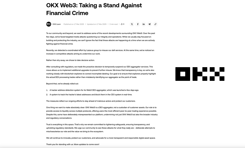 OKX Web3 强化安全举措，回应黑客滥用与媒体质疑_aicoin_图1