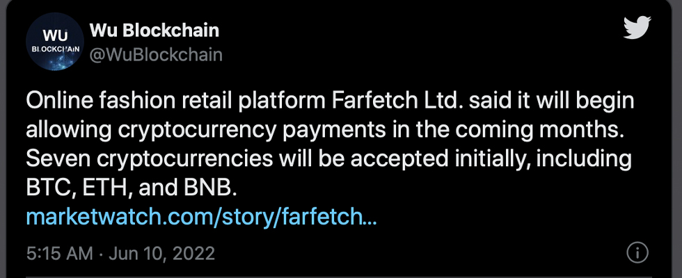 报告：奢侈品时尚零售商 Farfetch 接受加密资产进行支付