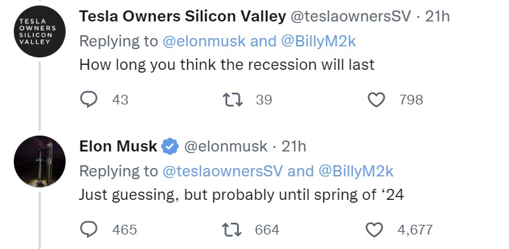 特斯拉首席执行官埃隆马斯克表示经济衰退可能会持续到 2024 年春季-区块链文库