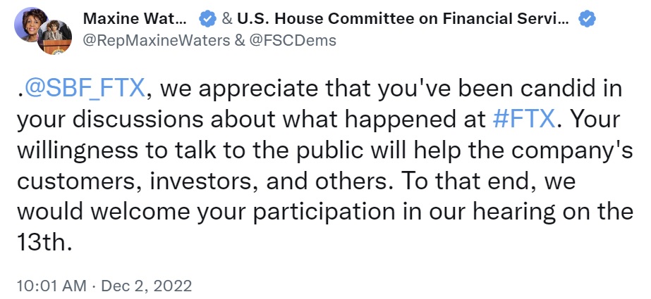 玛克辛·沃特斯 (Maxine Waters) 因赞扬 SBF 而受到批评——立法者称“我们感谢您的坦诚”