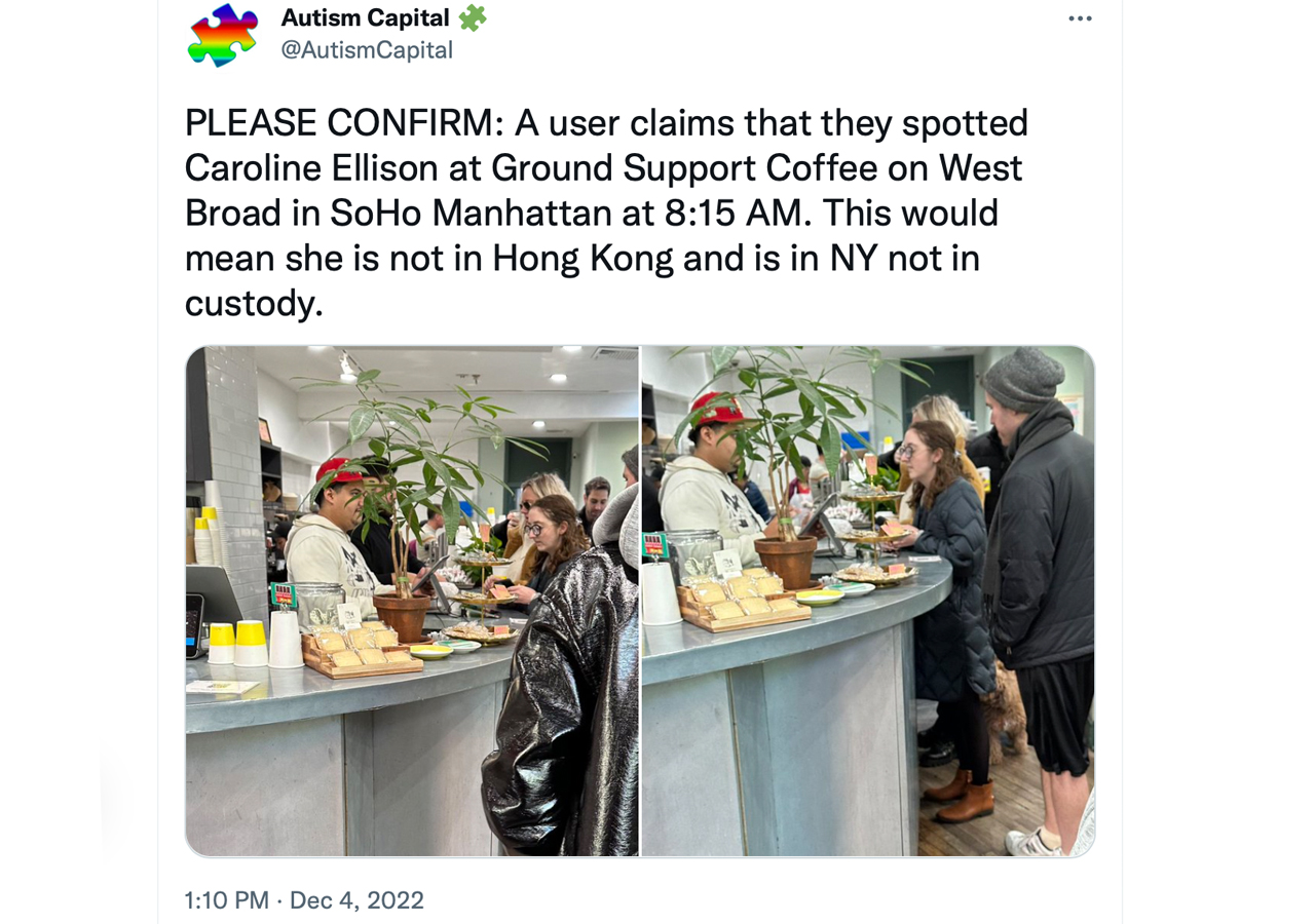 据报道，阿拉米达研究公司首席执行官卡罗琳·埃里森在曼哈顿的一家咖啡店发现了 FTX 狗“地鼠”