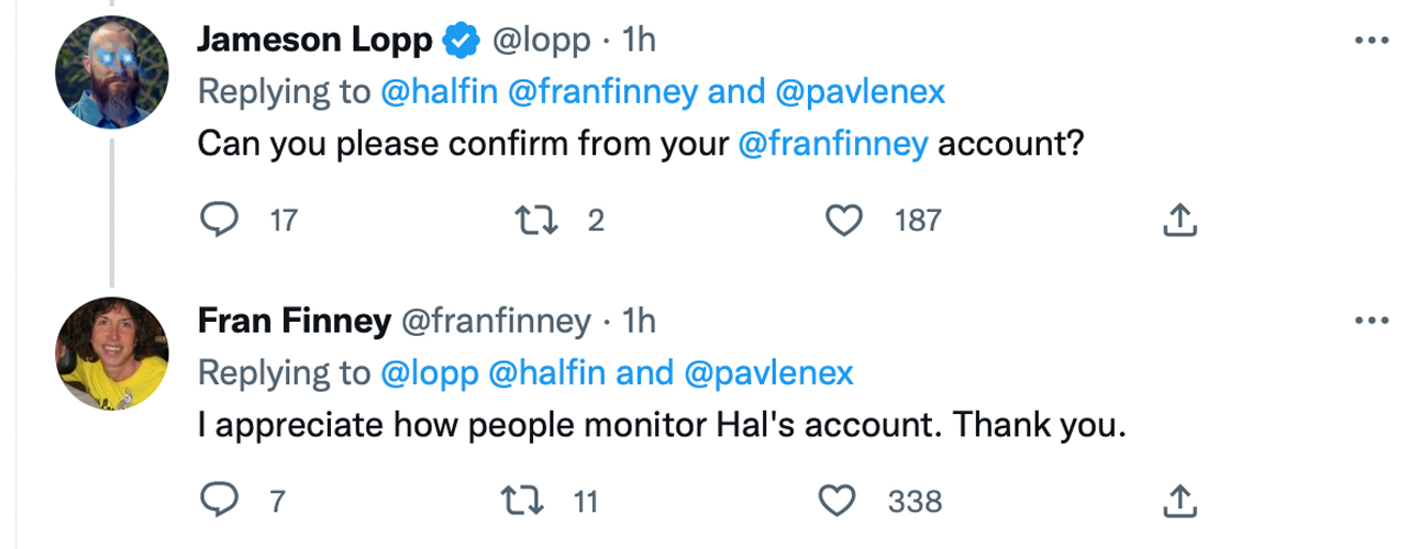 哈尔芬尼的妻子弗兰激活了她丈夫的推特账户，以保护它不被埃隆马斯克“清除”