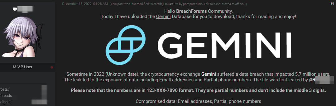 9 月份在黑客论坛上发布了 Gemini 客户数据泄露广告，售价 30 BTC
