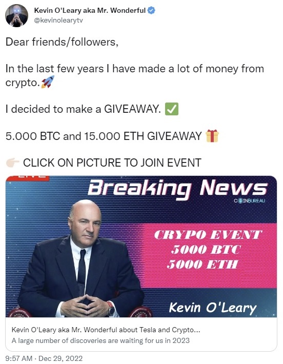 Kevin O'Leary 的 Twitter 帐户被黑以推广比特币、以太坊赠品骗局