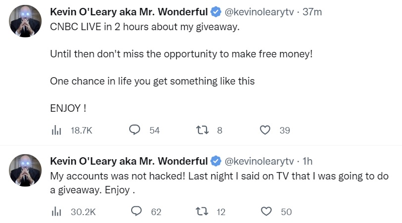 Kevin O'Leary 的 Twitter 帐户被黑以推广比特币、以太坊赠品骗局