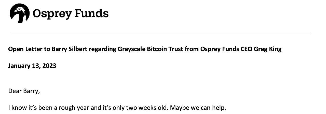 Osprey 争夺 Grayscale 比特币信托的控制权； Tron 的孙宇晨提议在 DCG 资产上投资高达 10 亿美元