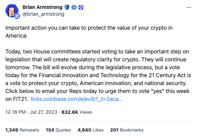 CoinBase CEO Advocating for FIT21