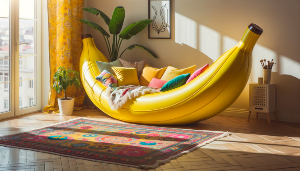 A vibrant yellow banana-shaped couch sits in a cozy living room, its curve cradling a pile of colorful cushions. On the wooden floor, a patterned rug adds a touch of eclectic charm, and a potted plant sits in the corner, reaching towards the sunlight filtering through the window