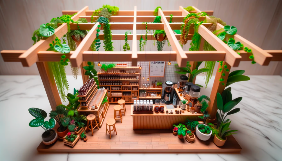 A minimap diorama of a cafe adorned with indoor plants. Wooden beams crisscross above, and a cold brew station stands out with tiny bottles and glasses