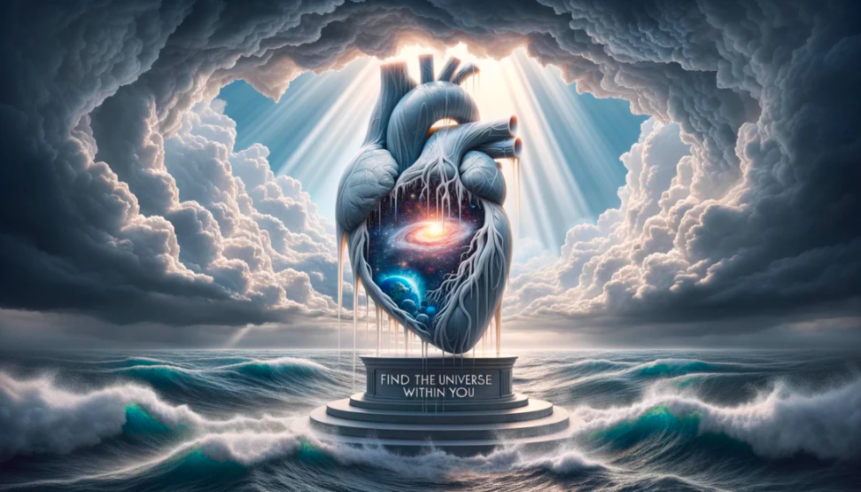 An illustration of a human heart made of translucent glass, standing on a pedestal amidst a stormy sea. Rays of sunlight pierce the clouds, illuminating the heart, revealing a tiny universe within. The quote 'Find the universe within you' is etched in bold letters