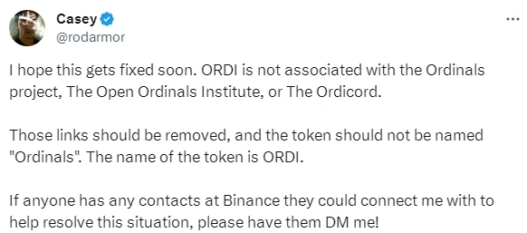 BTC Ecology | Ordinals Founder Requests Binance to Remove ORDI, Revealing the Story Behind the Scenes