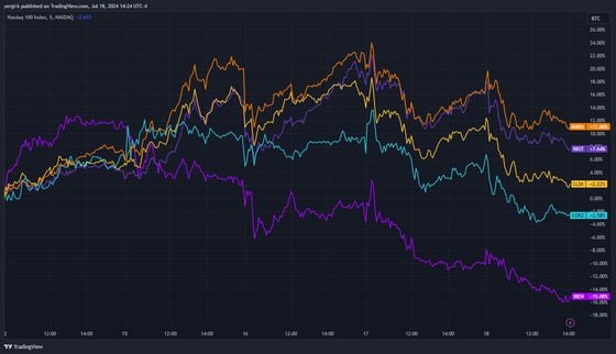 五大上市矿工中的四家股价上涨了两位数百分点。（TradingView）