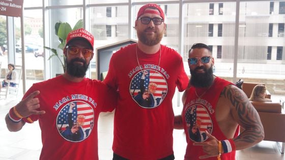 MAGA MEME PAC members from left to right: Maga Poli, Crypto Viking, Crypto Patriot (Danny Nelson/CoinDesk)