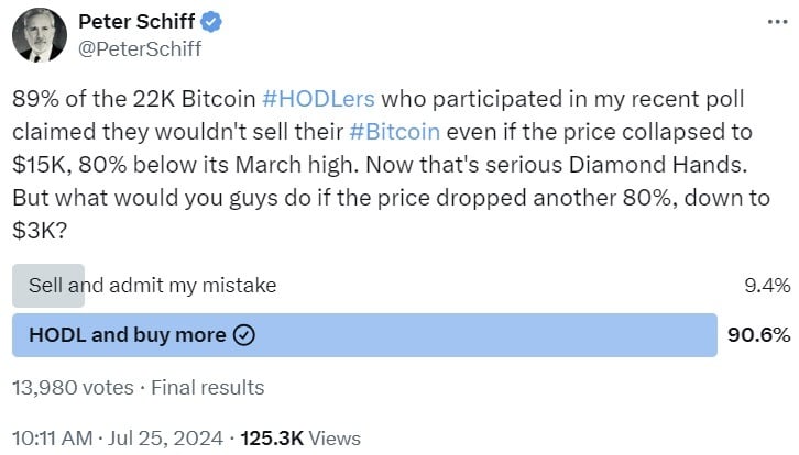 Bitcoin Investors Won't Sell BTC Even if Price Drops to $3K, Peter Schiff's Poll Shows