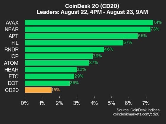 9am CoinDesk 20 Update for 2024-08-23: leaders