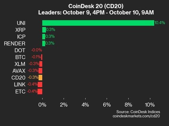 9am CoinDesk 20 Update for 2024-10-10: leaders