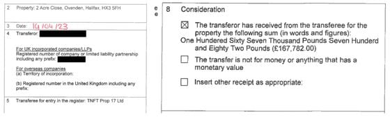 A screenshot of the redacted transfer records for the Halifax property.