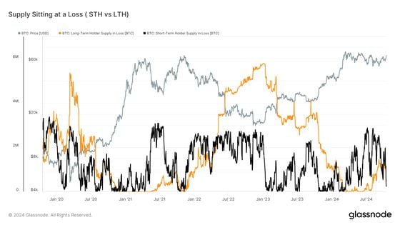 Supply Sitting at a Loss - Short Term and Long Term Holders (Glassnode)