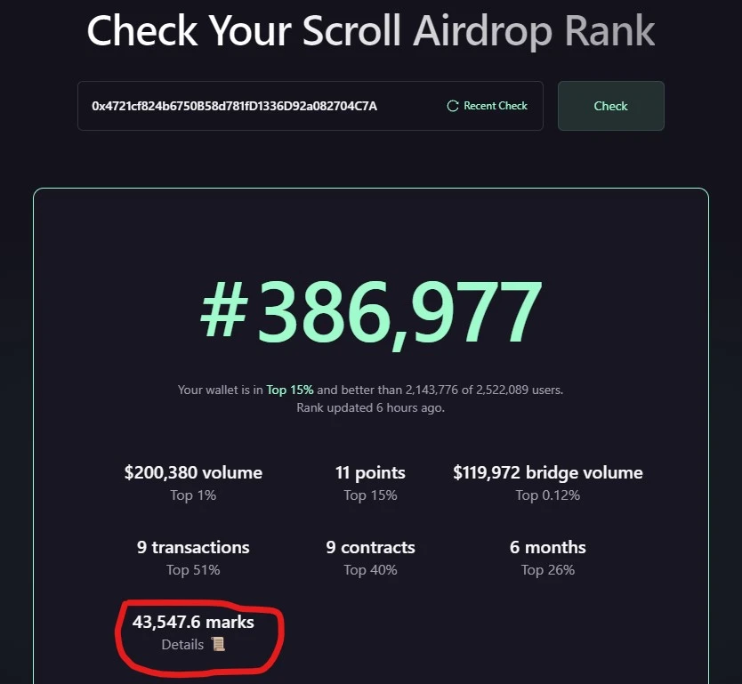 On the eve of the airdrop, how many points do Scroll team addresses have?