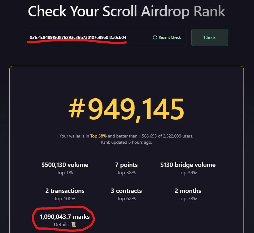 On the eve of the airdrop, how many points do Scroll team addresses have?