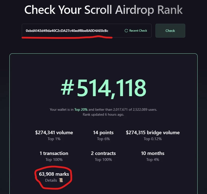 On the eve of the airdrop, how many points do Scroll team addresses have?