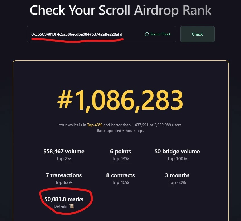 On the eve of the airdrop, how many points do Scroll team addresses have?