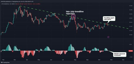 Bitcoin/gold ratio. (TradingView/CoinDesk)