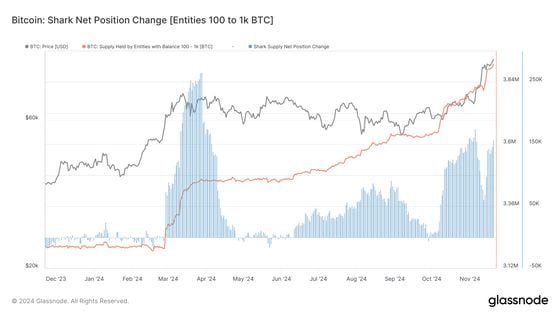 BTC 鲨鱼净头寸变化 (Glassnode)