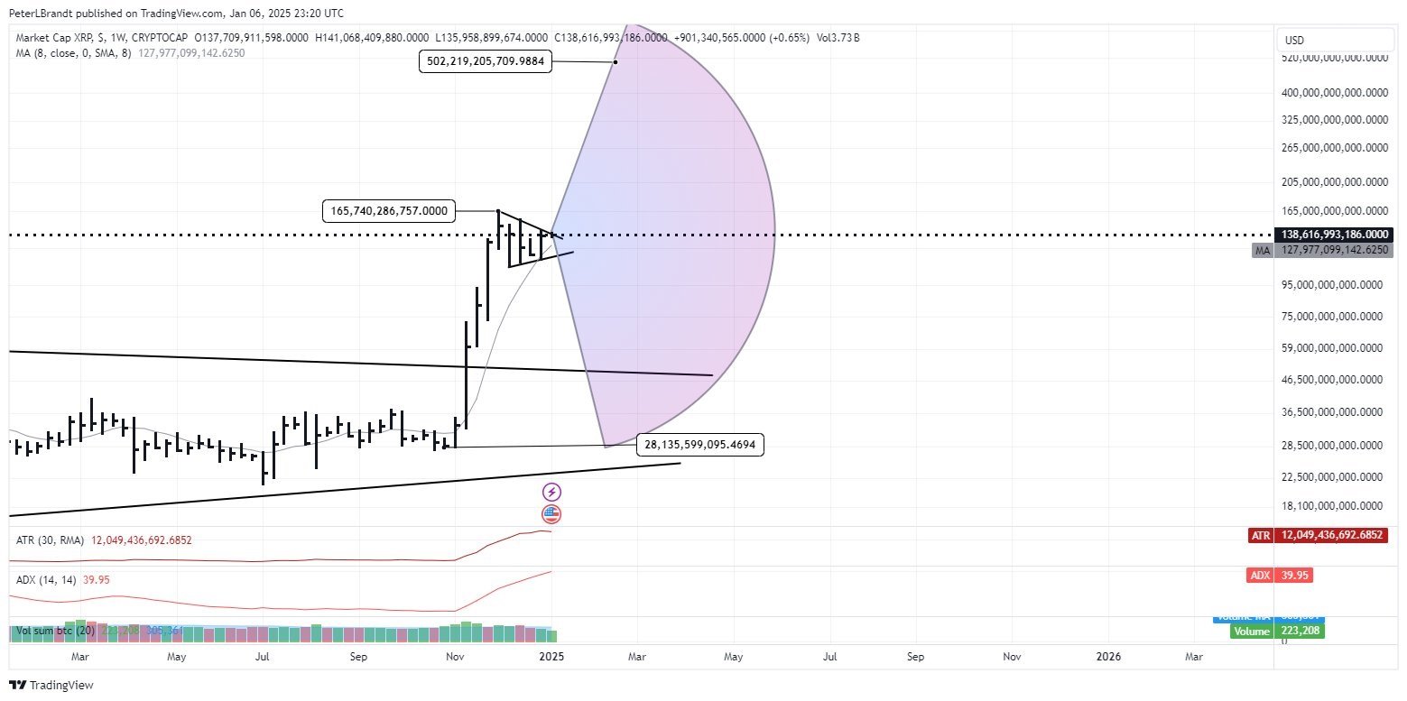 XRP目标5000亿美元市值，彼得·布兰特发出潜在突破信号