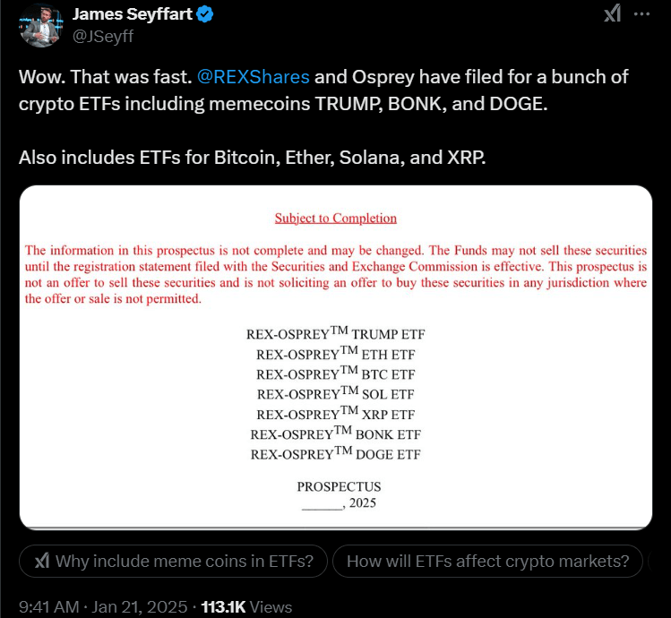 Rex Shares和Osprey Funds申请TRUMP ETF