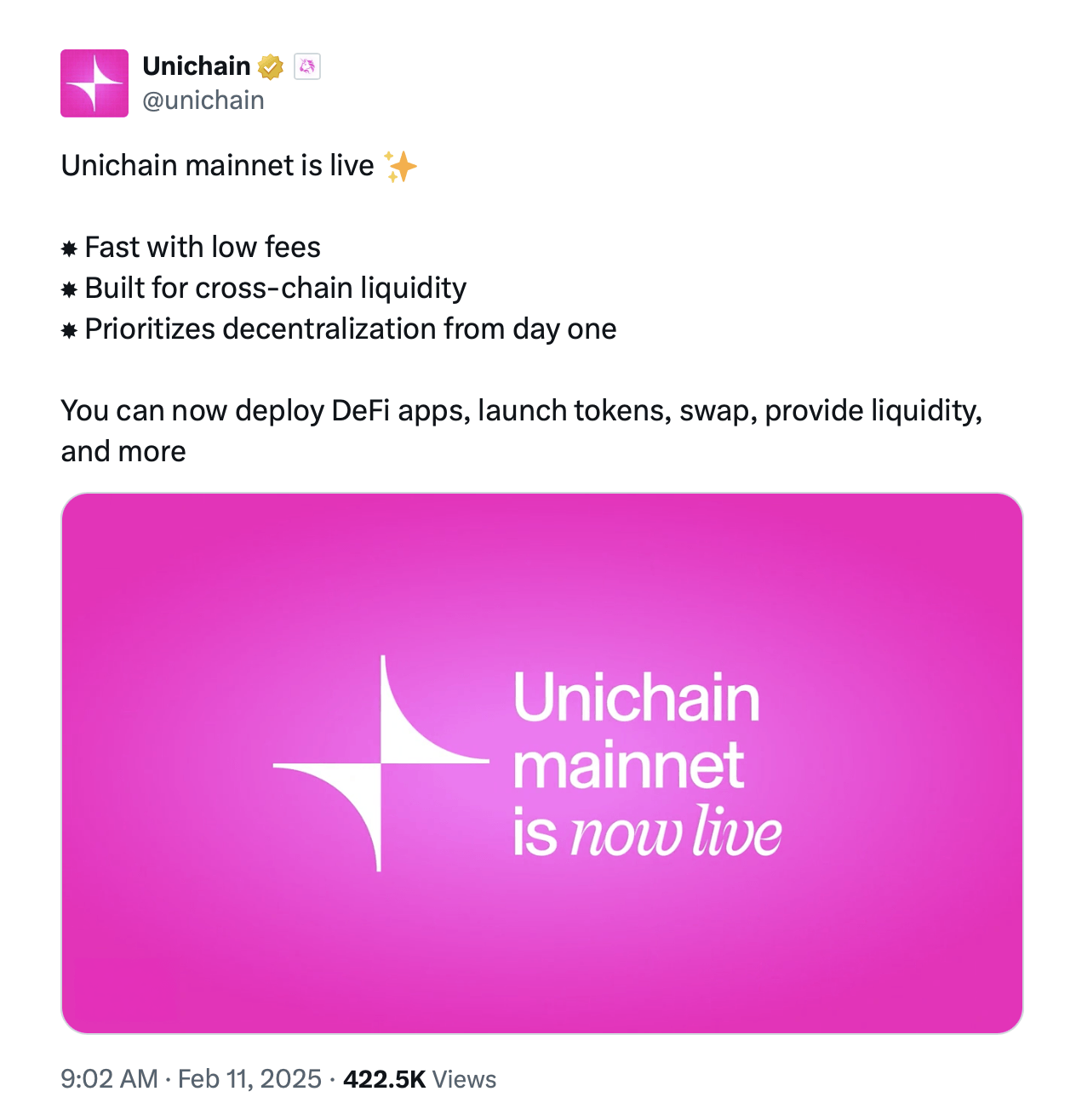 Uniswap Launches Unichain Mainnet to Boost Defi Efficiency 