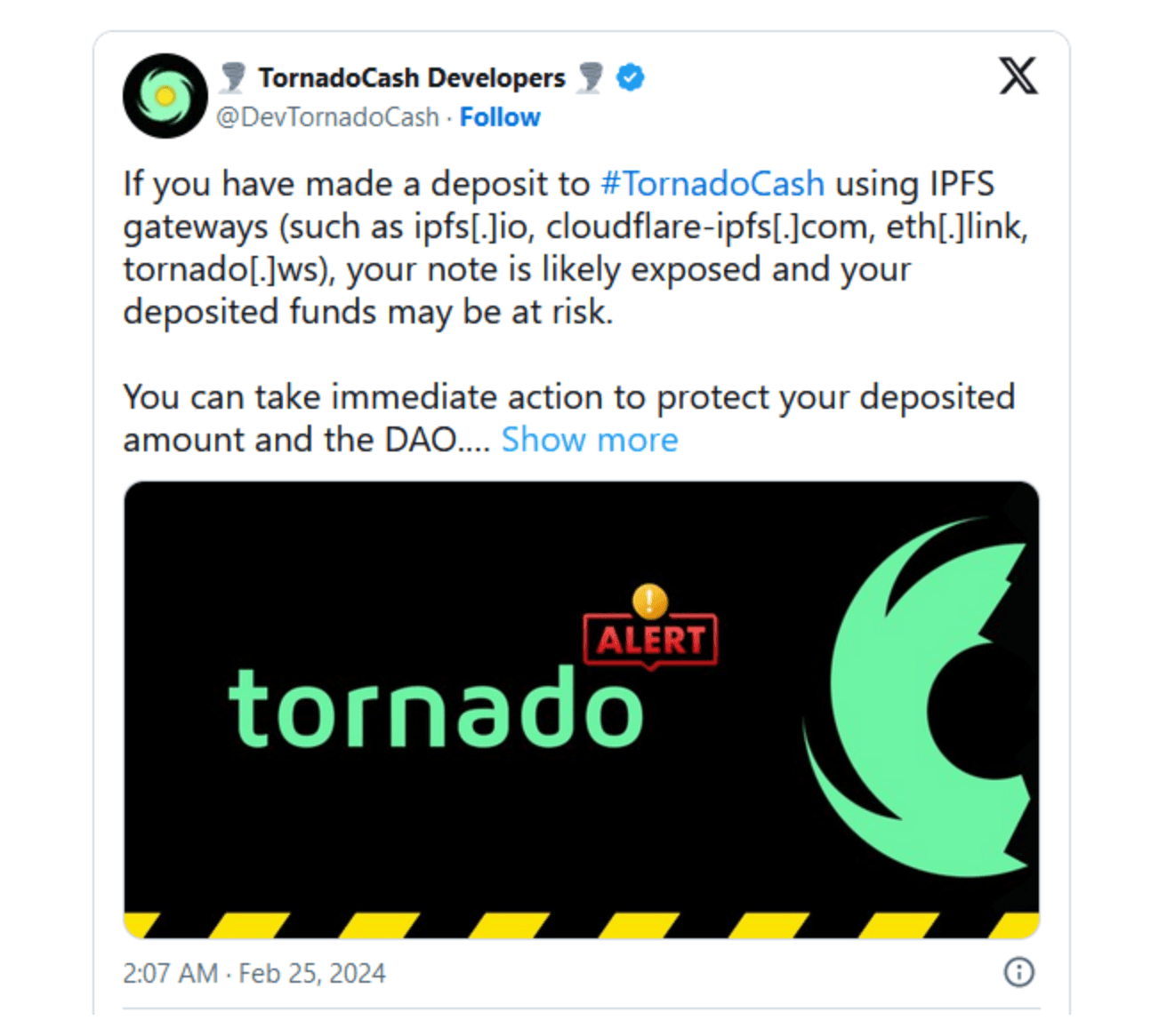 OFAC解除对Tornado Cash的限制——但安全专家警告：前端仍然是一个雷区