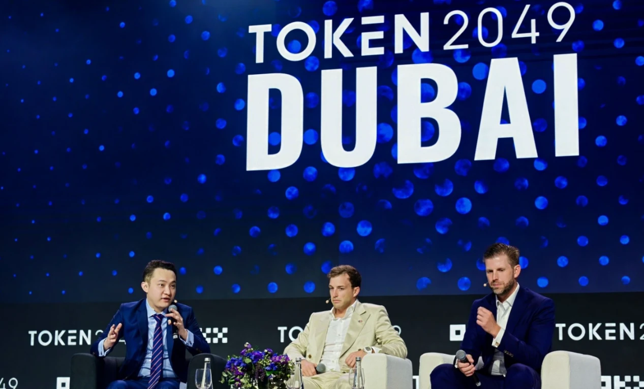 Justin Sun hosts a discussion at the Token 2049 summit, talking with Trump's second son about financial freedom and the future of decentralization