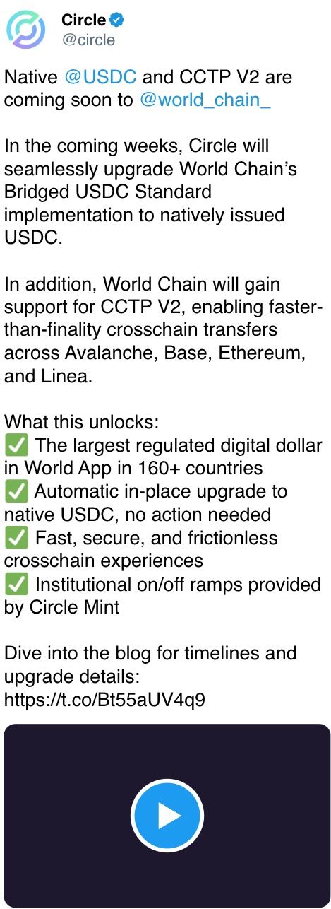在接下来的几周内，Circle将无缝升级World Chain的桥接USDC标准实现，转为本地发行的USDC。