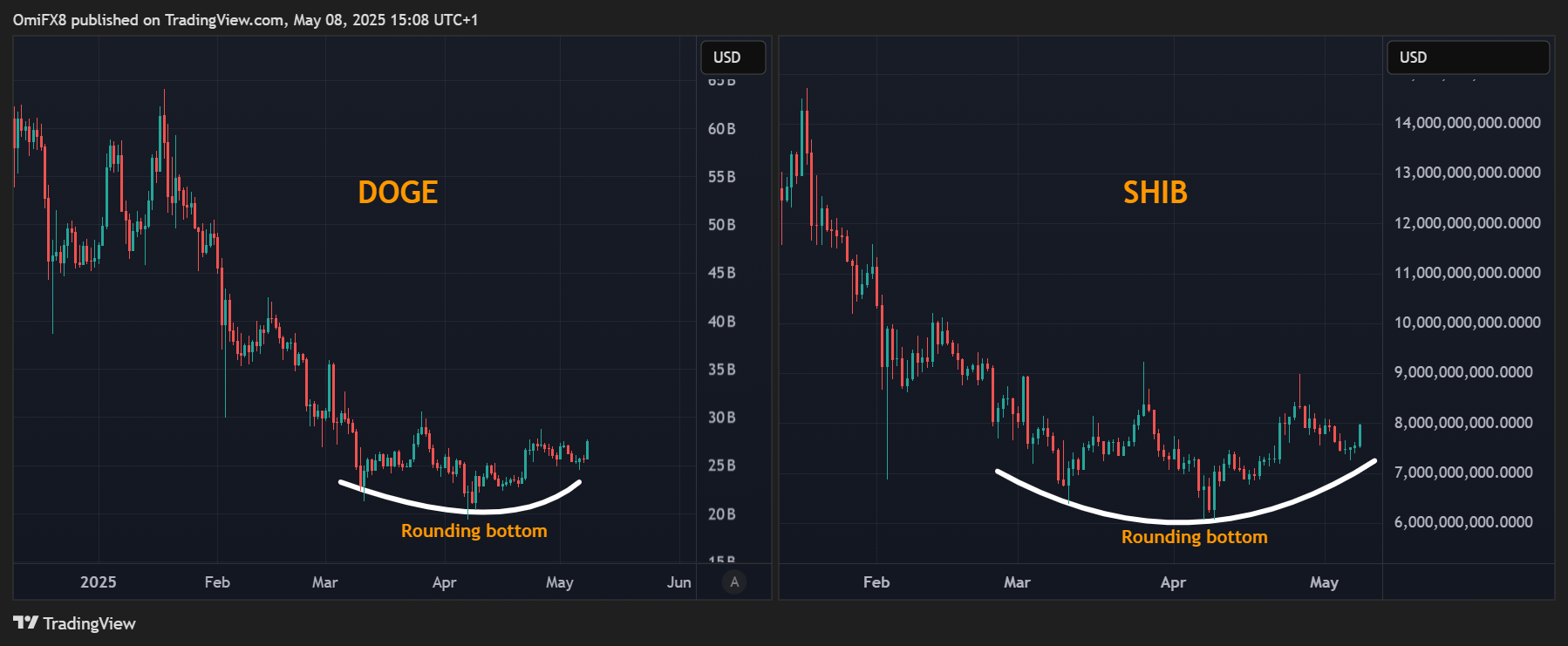 DOGE和SHIB日线图。（TradingView/CoinDesk）