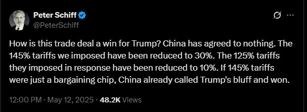 黄金下滑，随着美中贸易战缓和；比特币保持稳定