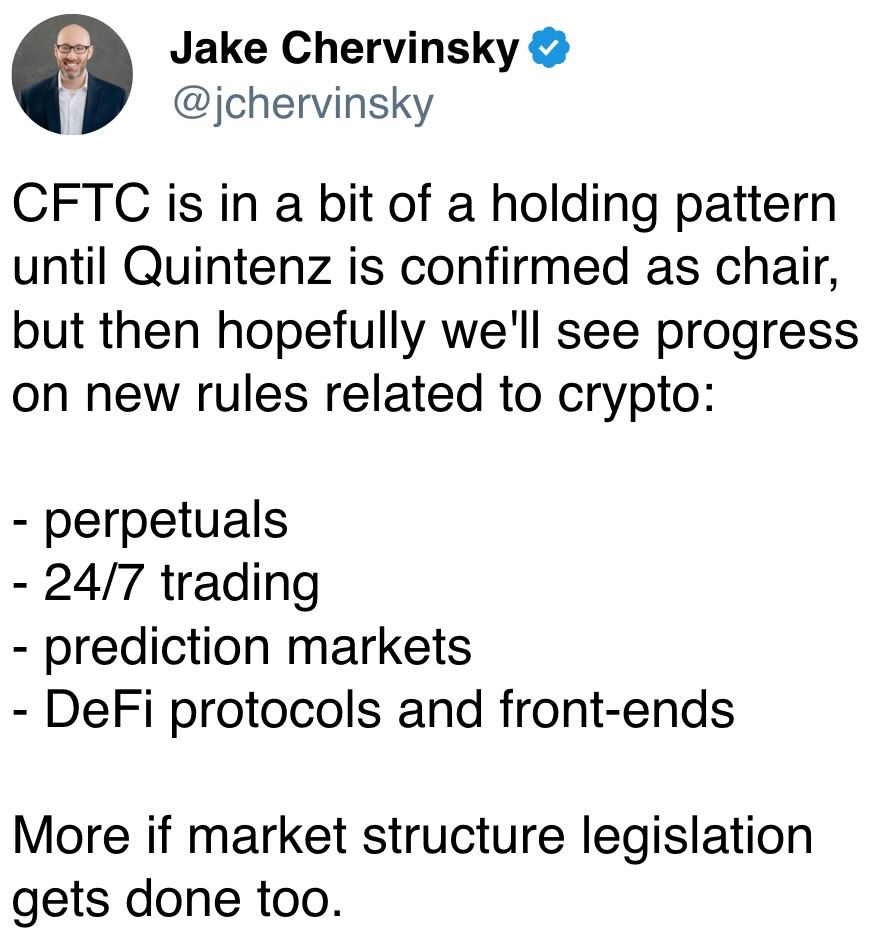 CFTC is in a bit of a holding pattern until Quintenz is confirmed as chair, but then hopefully we'll see progress on new rules related to crypto: CFTC is in a bit of a holding pattern until Quintenz is confirmed as chair, but then hopefully we'll see progress on new rules related to crypto: