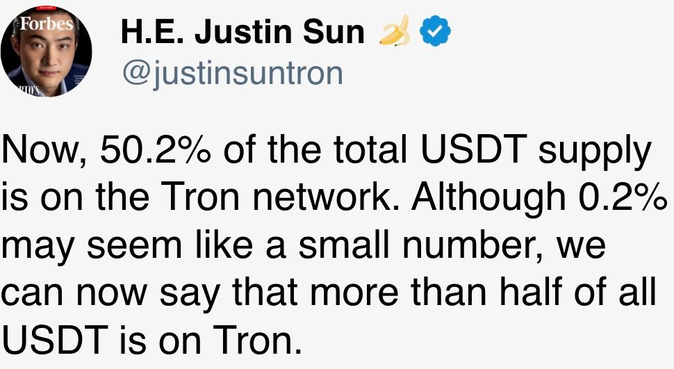现在，50.2%的USDT总供应量在Tron网络上。 