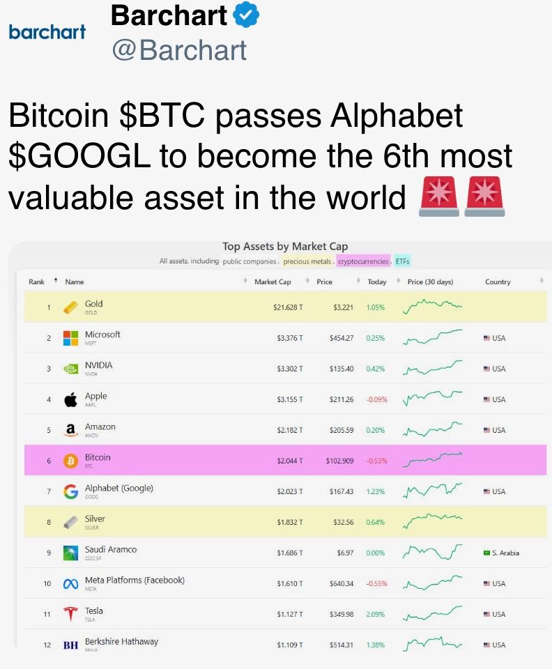 比特币$BTC超越Alphabet $GOOGL，成为全球第六大最有价值资产