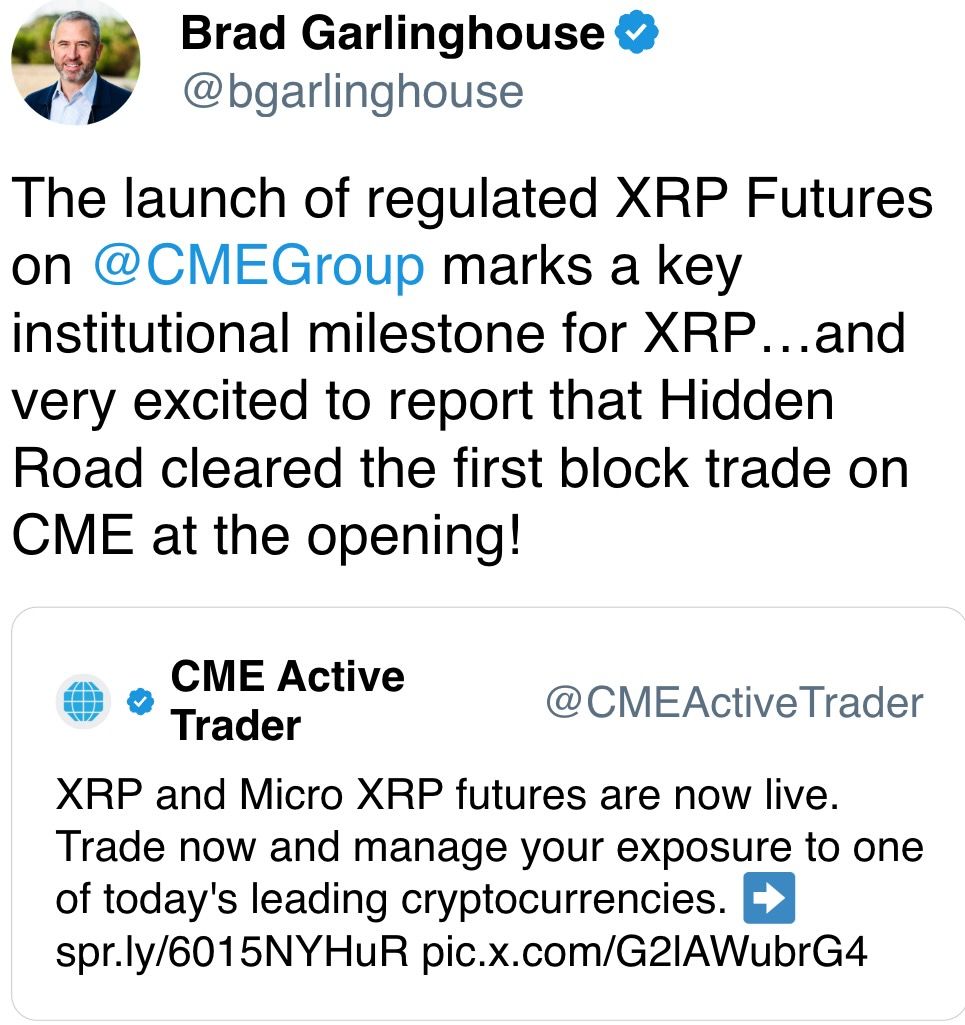 受监管的XRP期货在 @CMEGroup 上的推出标志着XRP的一个重要机构里程碑