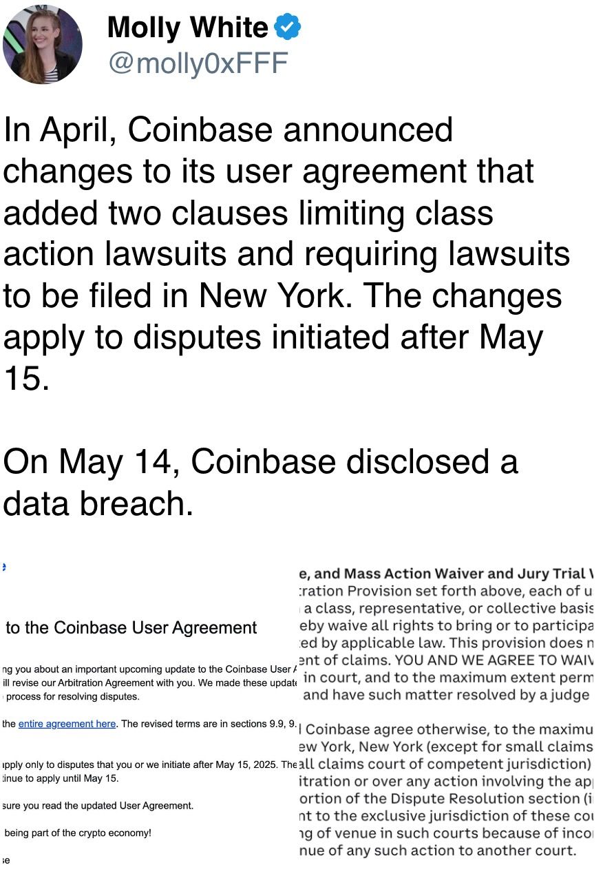 在4月，Coinbase宣布对其用户协议进行了更改，增加了两条限制集体诉讼的条款，并要求诉讼在纽约提起。