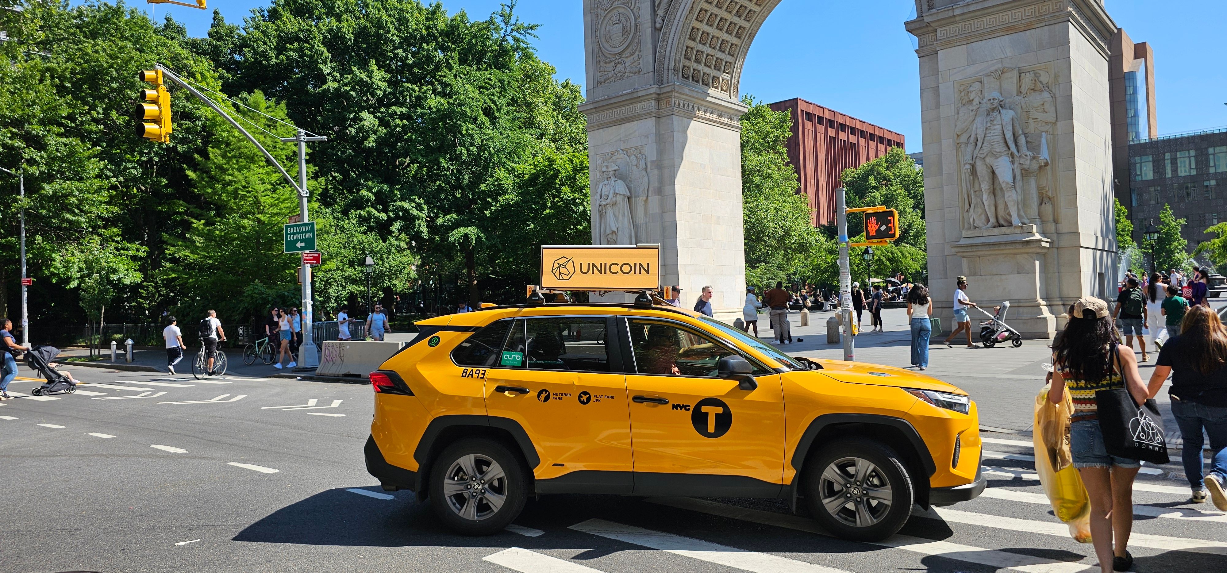 A Unicoin taxi cab ad in Manhattan in May 2024. (Nikhilesh De/CoinDesk) A Unicoin taxi cab ad in Manhattan in May 2024. (Nikhilesh De/CoinDesk)