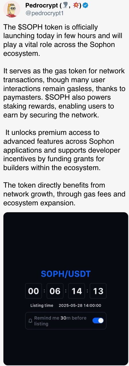 $SOPH代币将在几小时内正式推出，并将在Sophon生态系统中发挥重要作用。 