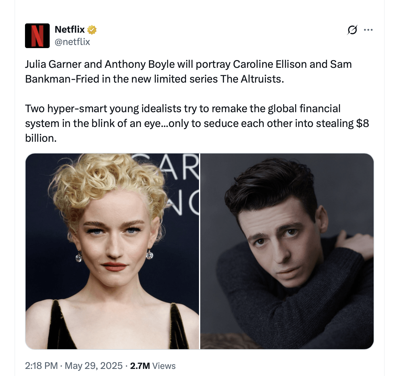 FTX在Netflix系列中由朱莉娅·加纳饰演卡罗琳·埃利森，获得好莱坞待遇