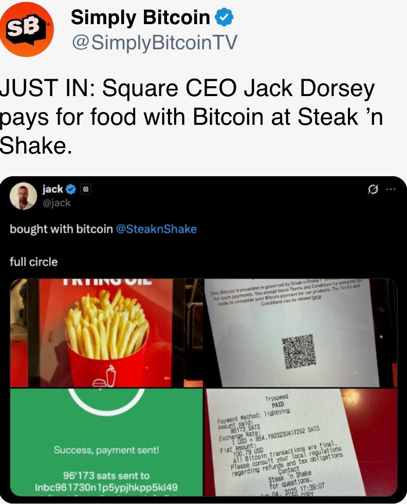 Square CEO Jack Dorsey pays for food with Bitcoin at Steak ’n Shake. Square CEO Jack Dorsey pays for food with Bitcoin at Steak ’n Shake.