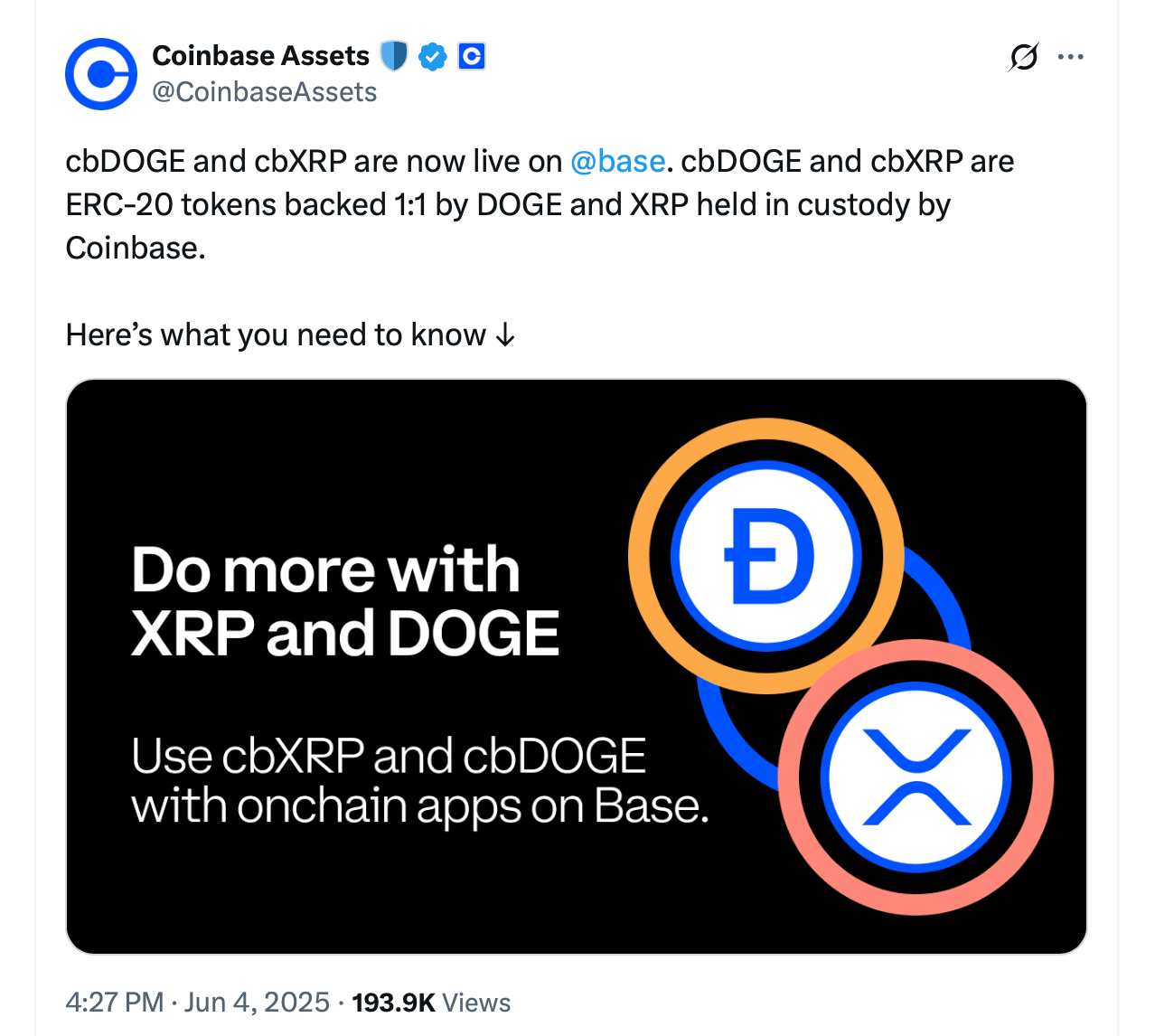 Coinbase在Base上推出Wrapped XRP和Dogecoin以便于DeFi访问