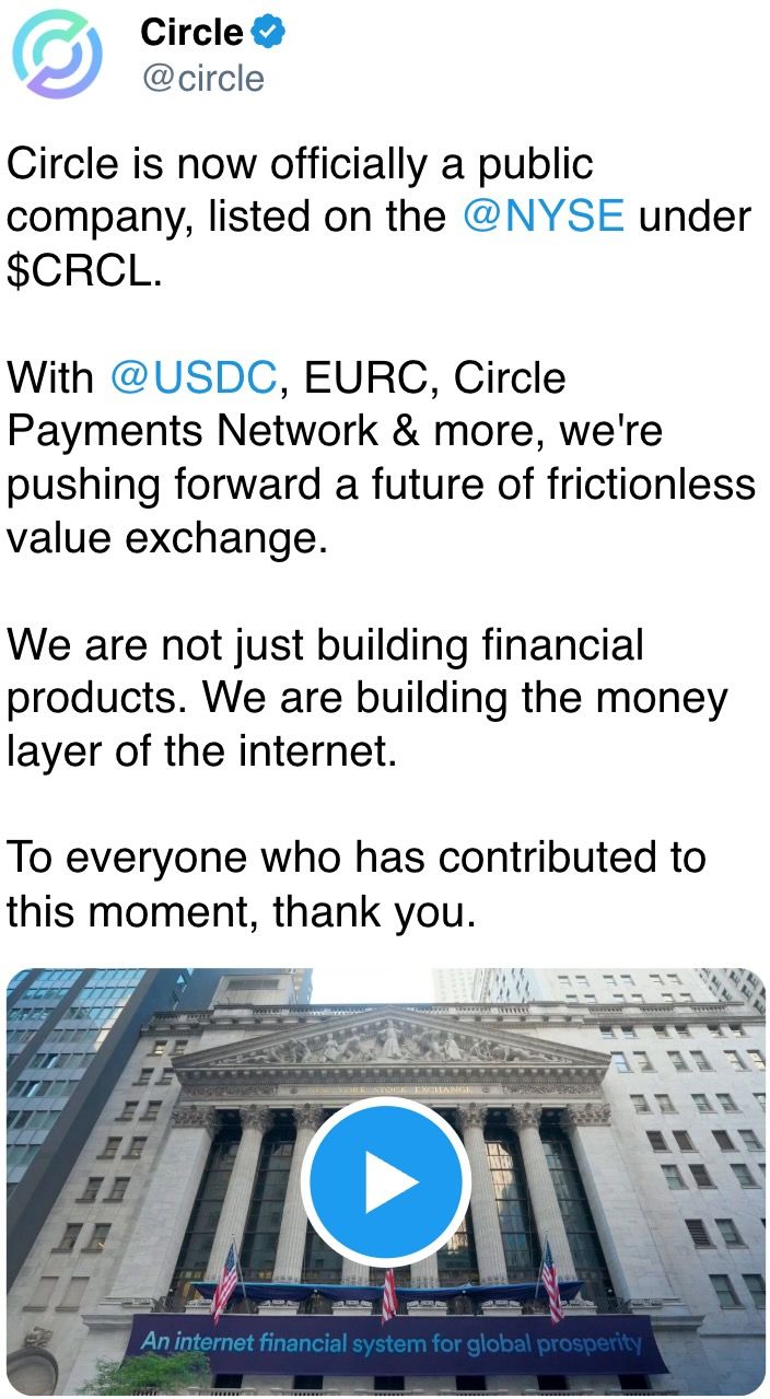 Circle 现在正式成为一家上市公司，在 @NYSE 以 $CRCL 交易。