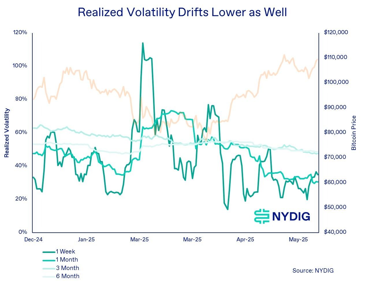 Bitcoin's realized volatility is also declining. (NYDIG Research) Bitcoin's realized volatility is also declining. (NYDIG Research)